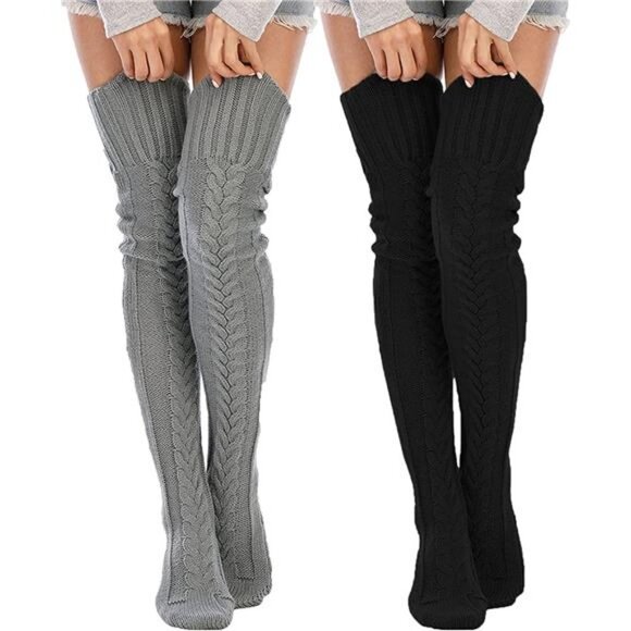 2 Pack Women's Cable Knitted Thigh High Boot Socks Long Winter Leg Warmer